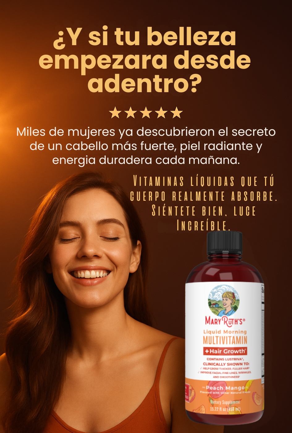 MaryRuth’s Liquid Morning Multivitamin + Hair Growth - Cabello más fuerte, piel más radiante y energía cada mañana 💫